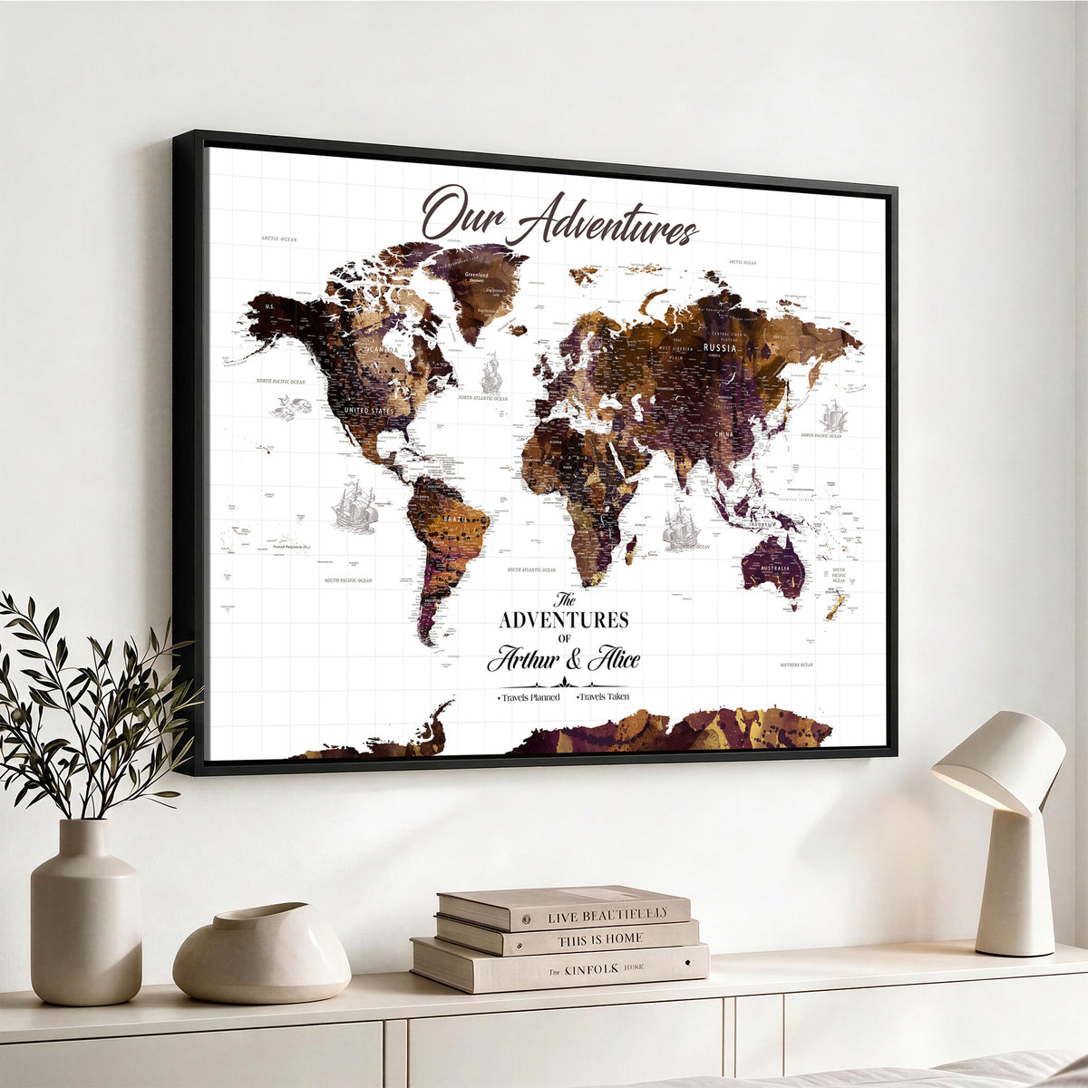 95729279-MGV-CV-36X24 - Personalized Framed Beige Vintage Push Pin Travel Map Canvas Print, Next Trip Planner Map, Home Office and Entryway Decor