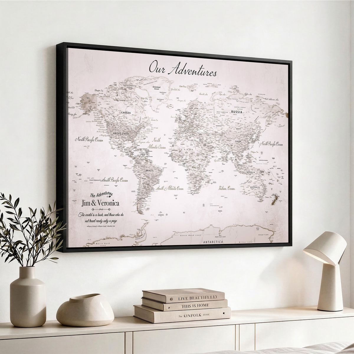 62392749-MGV-CV-36X24 - Personalized Beige Vintage World Travel Map Wall Art with Pins, Honeymoon and Anniversary Gift, Entryway and Hallway Decor