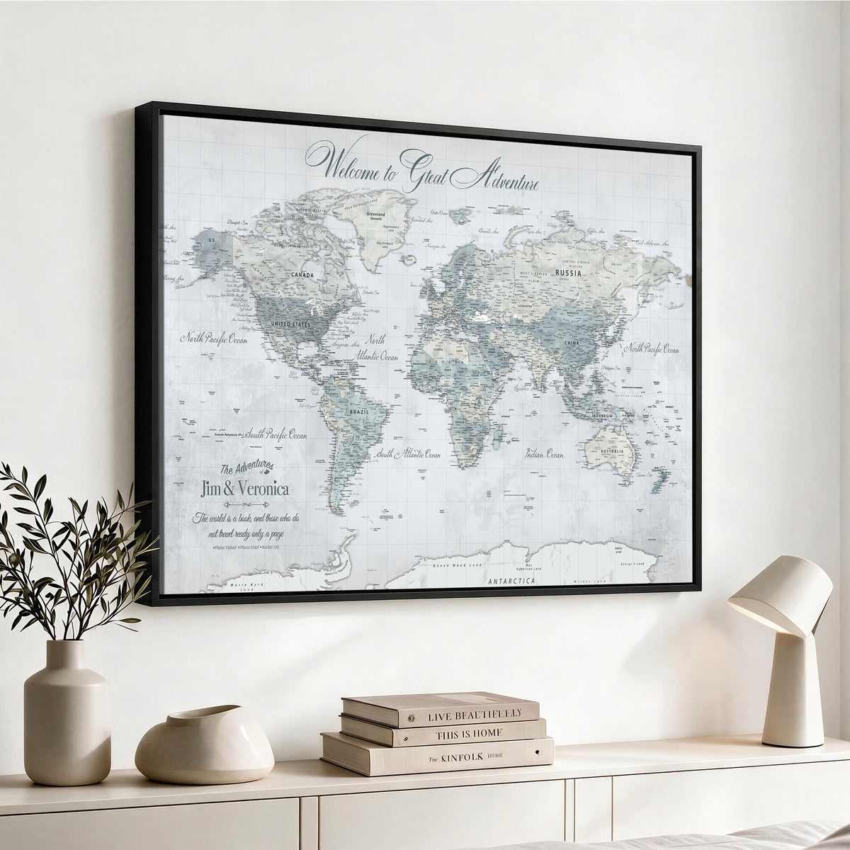 55391088-MGV-CV-36X24 - Personalized Beige Antique Push Pin World Map Canvas Print, Family Travel Tracker, Family Room and Entryway Decor