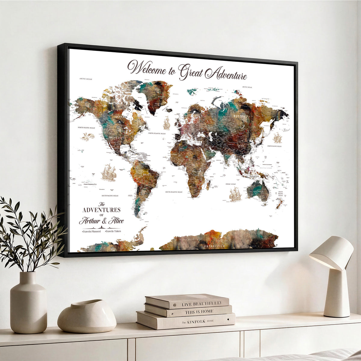 20271103-MGV-CV-36X24 - Custom Framed Beige Modern Push Pin World Map Wall Art, Couples Countries Visited Map, Study and Entryway Decor
