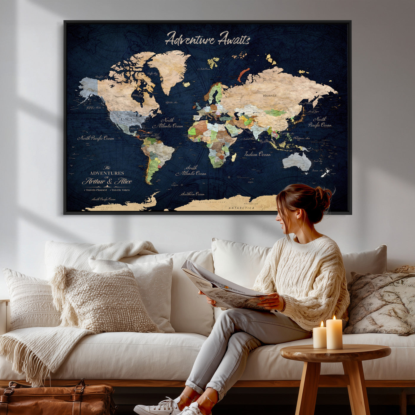 39120422-MGV-CV-36X24 - Custom Push Pin World Map Wall Art Canvas Print – Personalized Travel Tracker with Pins Framed Large for Home and Office Decor