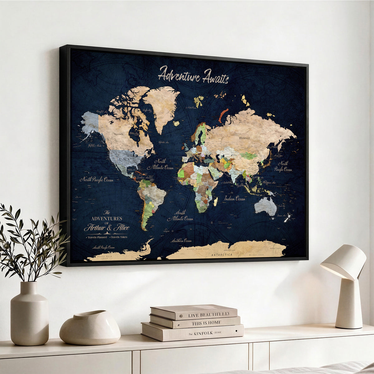 39120422-MGV-CV-36X24 - Personalized Beige Antique Push Pin Travel Map Canvas Print, Bucket List Map, Dining Room and Entryway Decor
