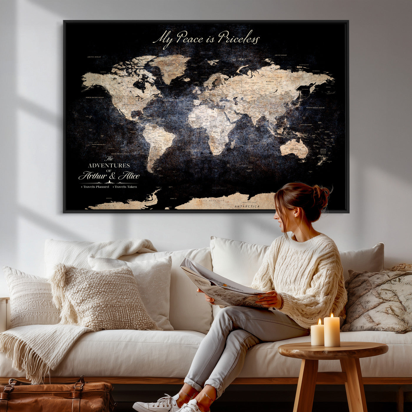 38689152-MGV-CV-36X24 - Custom Push Pin World Map Wall Art Canvas Print – Personalized Travel Tracker with Pins Framed Large for Home and Office Decor