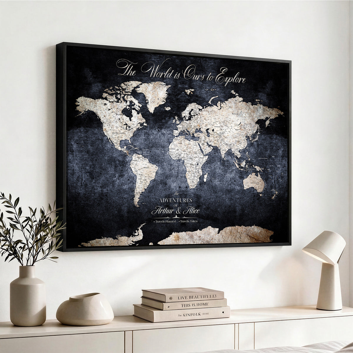 78489746-MGV-CV-36X24 - Custom Push Pin World Map Wall Art Canvas Print | Personalized Travel Tracker with Pins Framed Large for Home and Office Decor