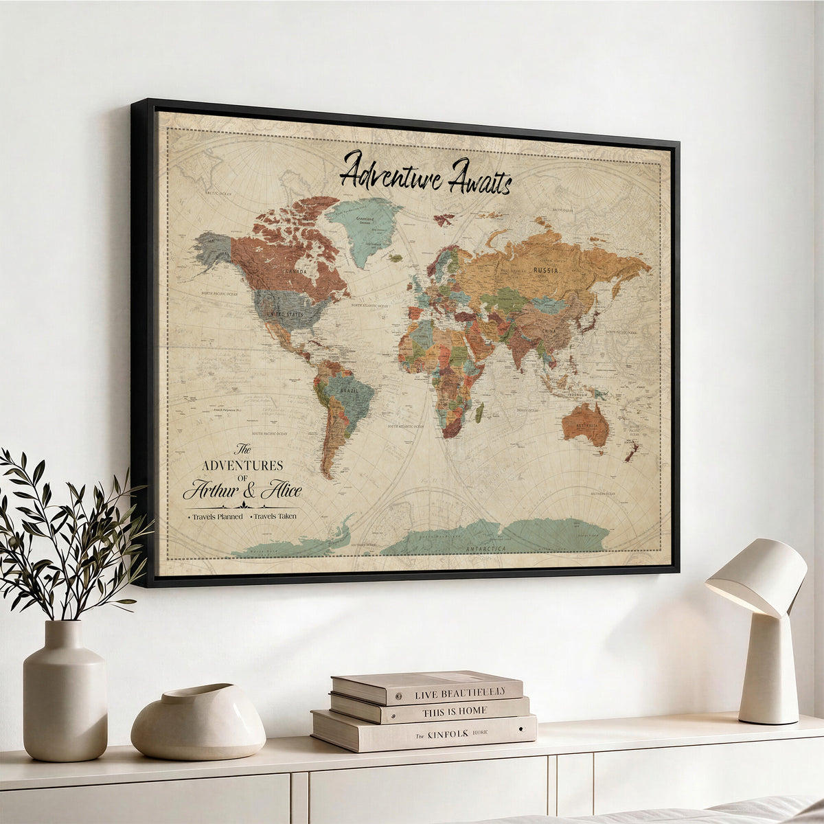 10741176-MGV-CV-36X24 - Custom Push Pin World Map Wall Art Canvas Print | Personalized Travel Tracker with Pins Framed Large for Home and Office Decor