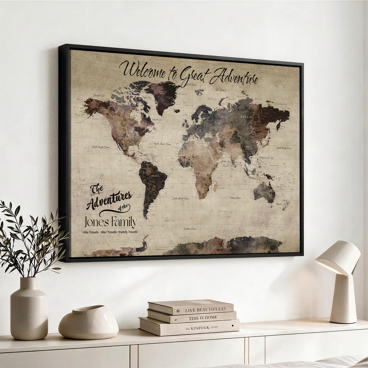 25688366-MGV-CV-36X24 - Custom Push Pin World Map Wall Art Canvas Print | Personalized Travel Tracker with Pins Framed Large for Home and Office Decor