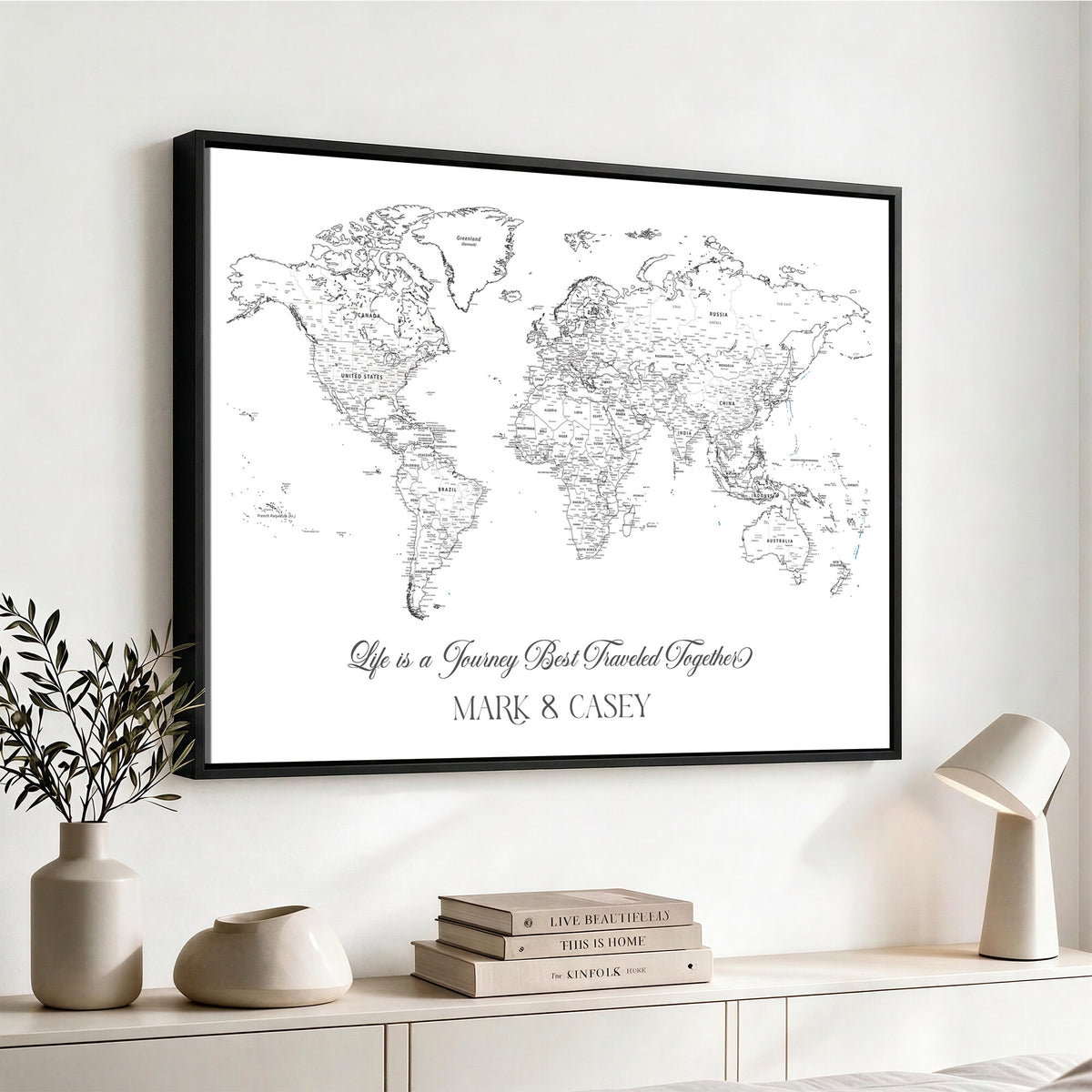 57820424-MGV-CV-36X24 - Custom Push Pin World Map Wall Art Canvas Print – Personalized Travel Tracker with Pins Framed Large for Home and Office Decor
