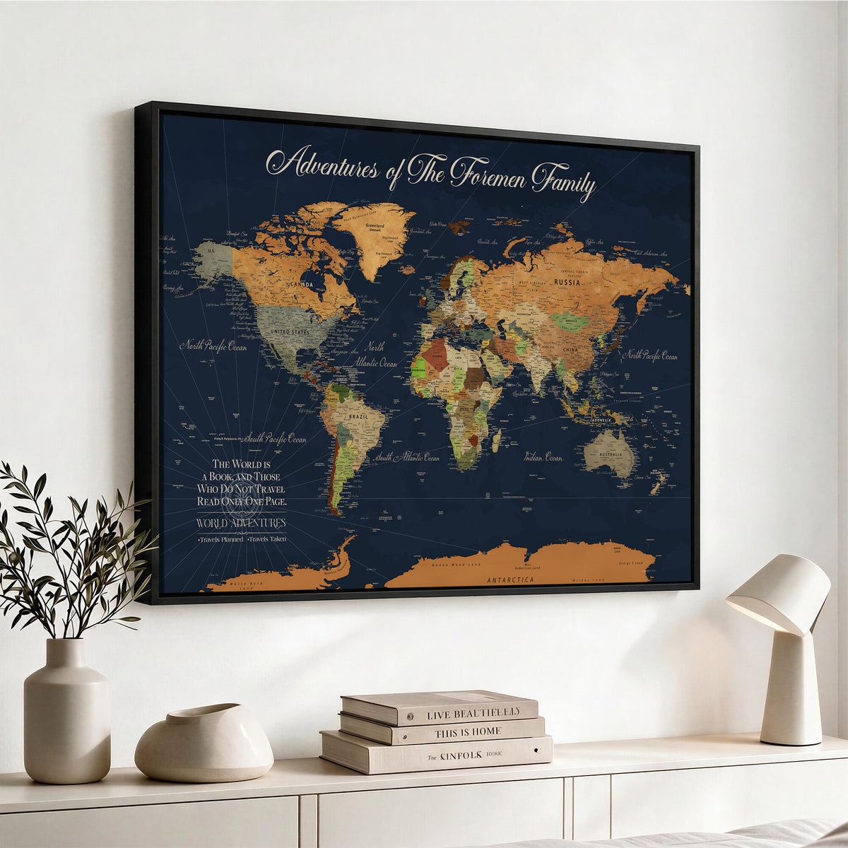 84352304-MGV-CV-36X24 - Custom Push Pin Travel Map Canvas Print, Honeymoon and Anniversary Gift, Living Room and Dining Room Decor