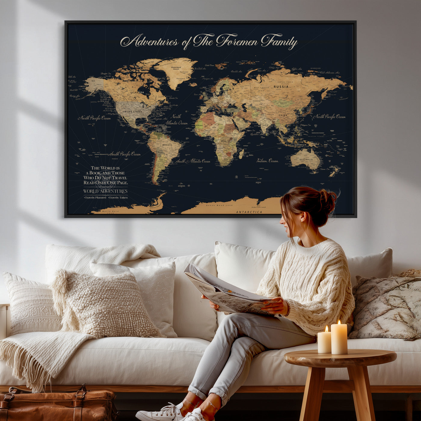 89403803-MGV-CV-36X24 - Custom Push Pin World Map Wall Art Canvas Print – Personalized Travel Tracker with Pins Framed Large for Home and Office Decor