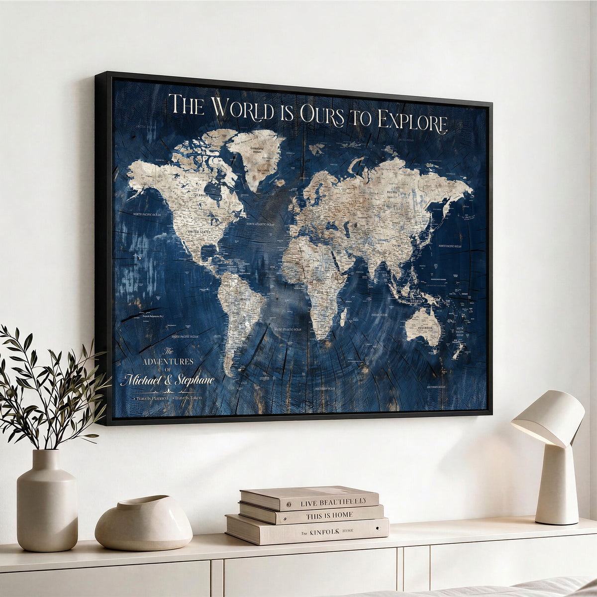 76965912-MGV-CV-36X24 - Custom Push Pin World Map Wall Art Canvas Print – Personalized Travel Tracker with Pins Framed Large for Home and Office Decor