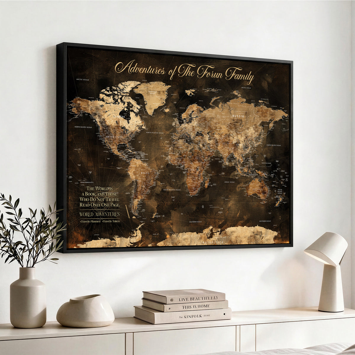 20594960-MGV-CV-36X24 - Custom Push Pin World Map Wall Art Canvas Print – Personalized Travel Tracker with Pins Framed Large for Home and Office Decor