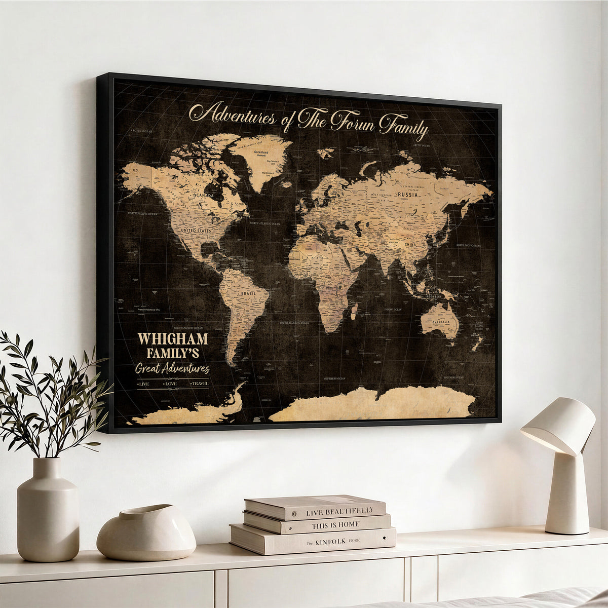 69635819-MGV-CV-36X24 - Custom Push Pin World Map Wall Art Canvas Print | Personalized Travel Tracker with Pins Framed Large for Home and Office Decor