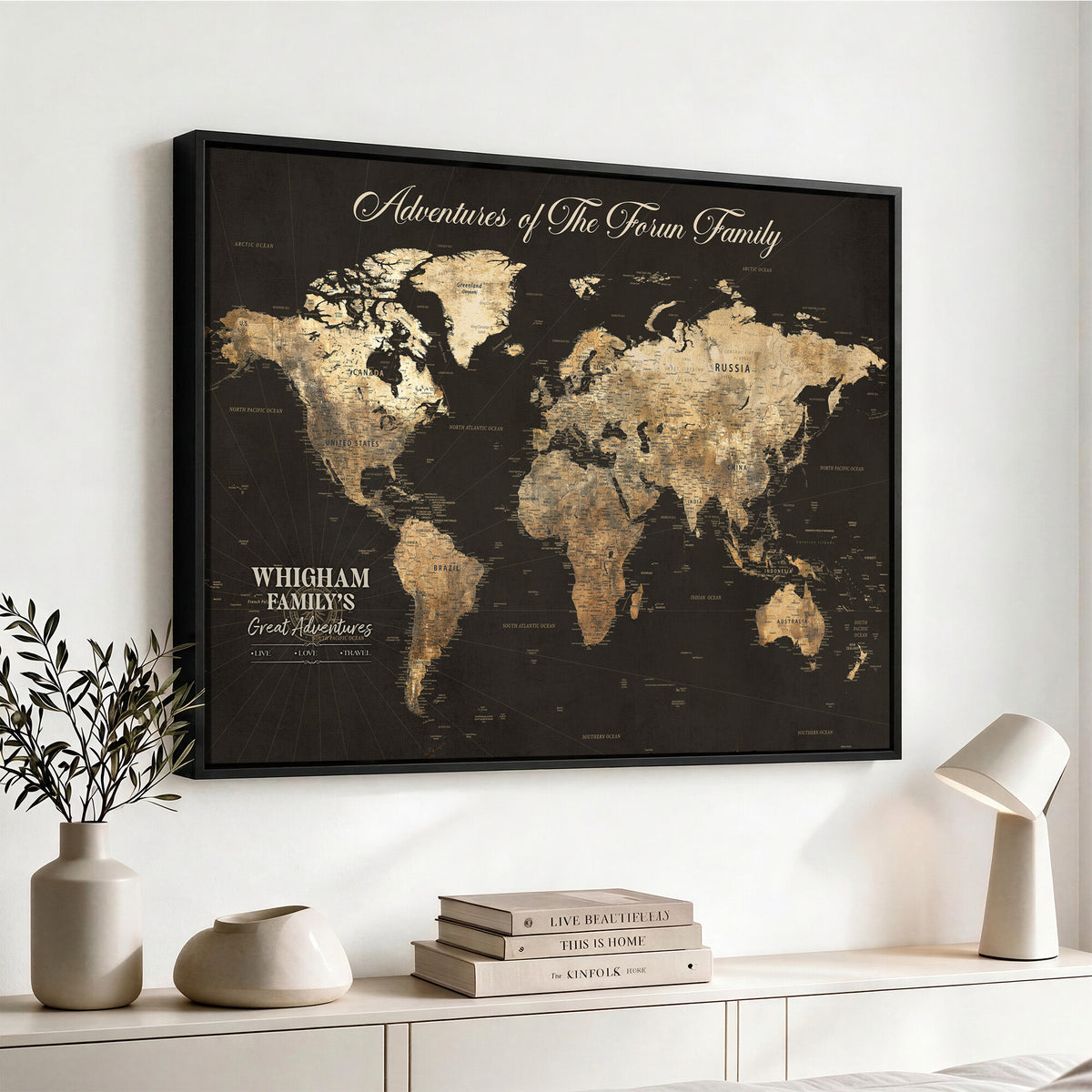 80238567-MGV-CV-36X24 - Custom Push Pin World Map Wall Art Canvas Print | Personalized Travel Tracker with Pins Framed Large for Home and Office Decor