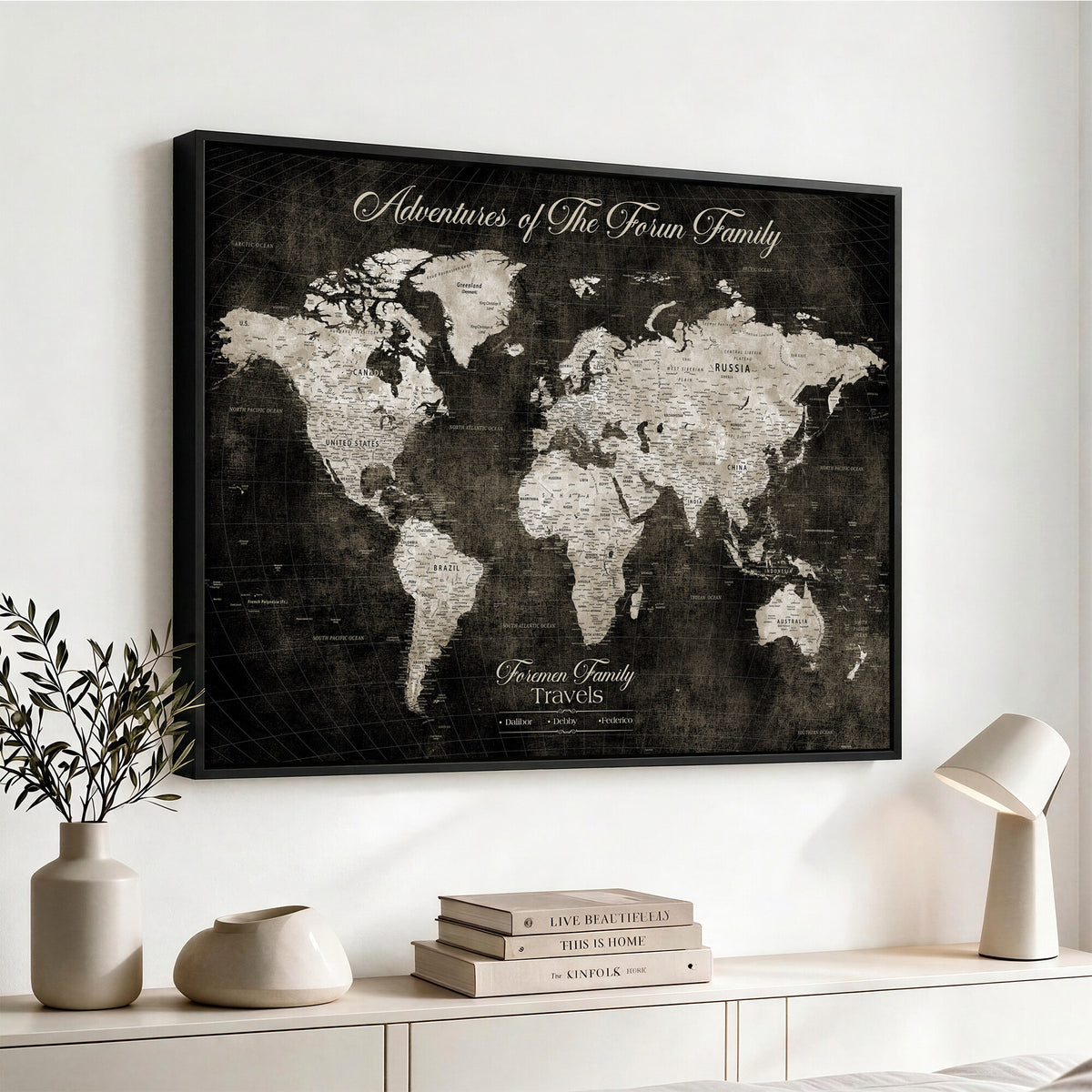 73767525-MGV-CV-36X24 - Custom Push Pin World Map Wall Art Canvas Print | Personalized Travel Tracker with Pins Framed Large for Home and Office Decor