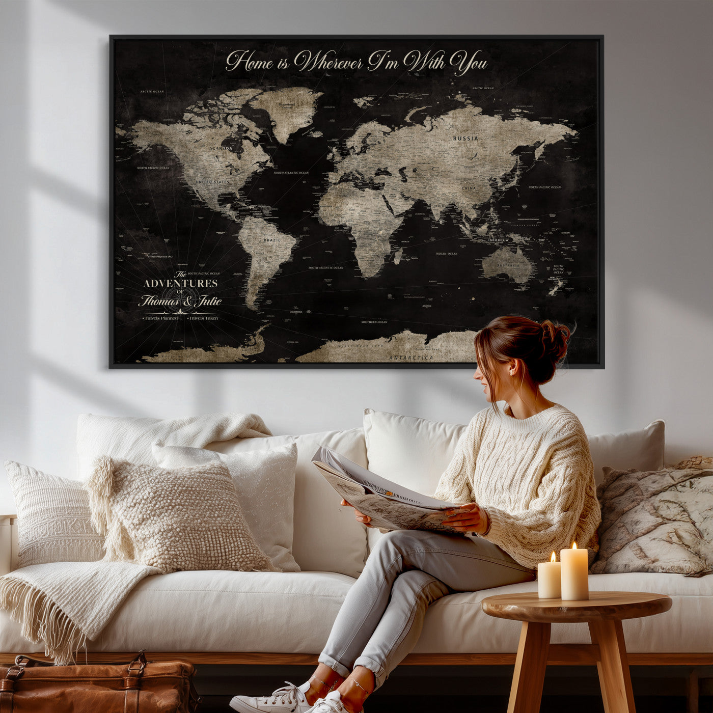 28461537-MGV-CV-36X24 - Custom Push Pin World Map Wall Art Canvas Print – Personalized Travel Tracker with Pins Framed Large for Home and Office Decor