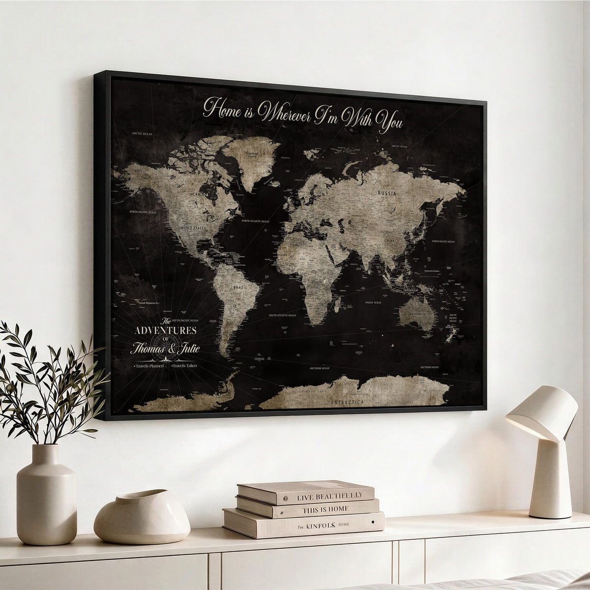 28461537-MGV-CV-36X24 - Personalized Framed Black Geometric World Map Canvas with Push Pins, Bucket List Map, Living Room and Dining Room Decor