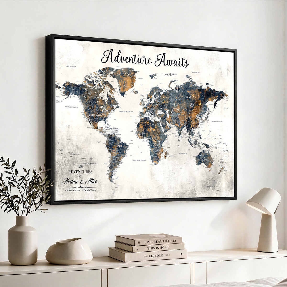 26041262-MGV-CV-36X24 - Custom White Push Pin World Map Wall Art, Next Trip Planner Map, Family Room and Entryway Decor