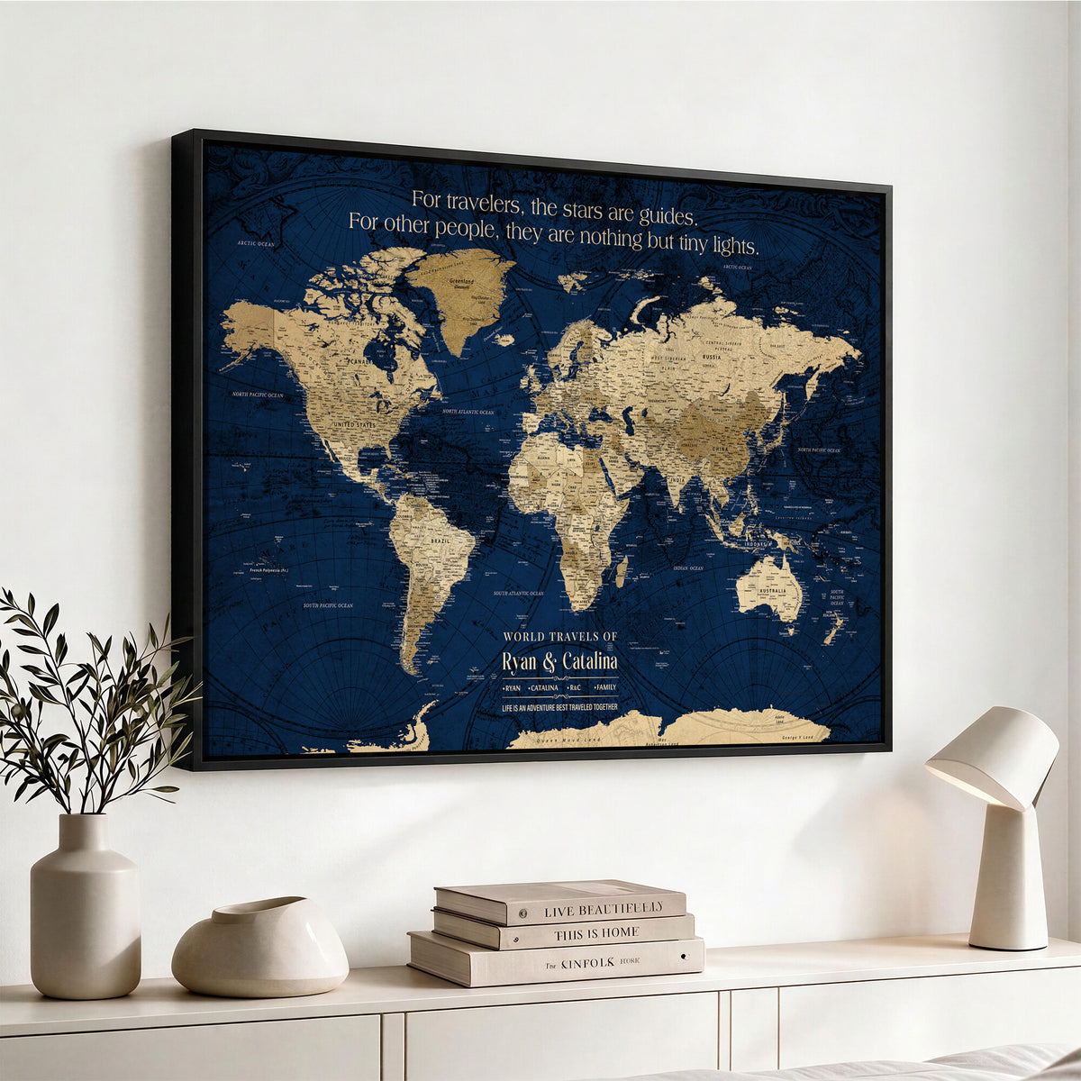 71667510-MGV-CV-36X24 - Custom Push Pin World Map Wall Art Canvas Print | Personalized Travel Tracker with Pins Framed Large for Home and Office Decor
