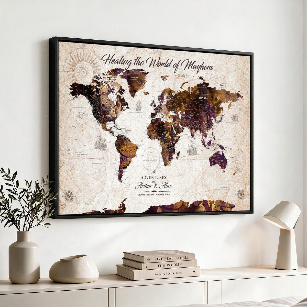 20154714-MGV-CV-36X24 - Custom Push Pin World Map Wall Art Canvas Print | Personalized Travel Tracker with Pins Framed Large for Home and Office Decor