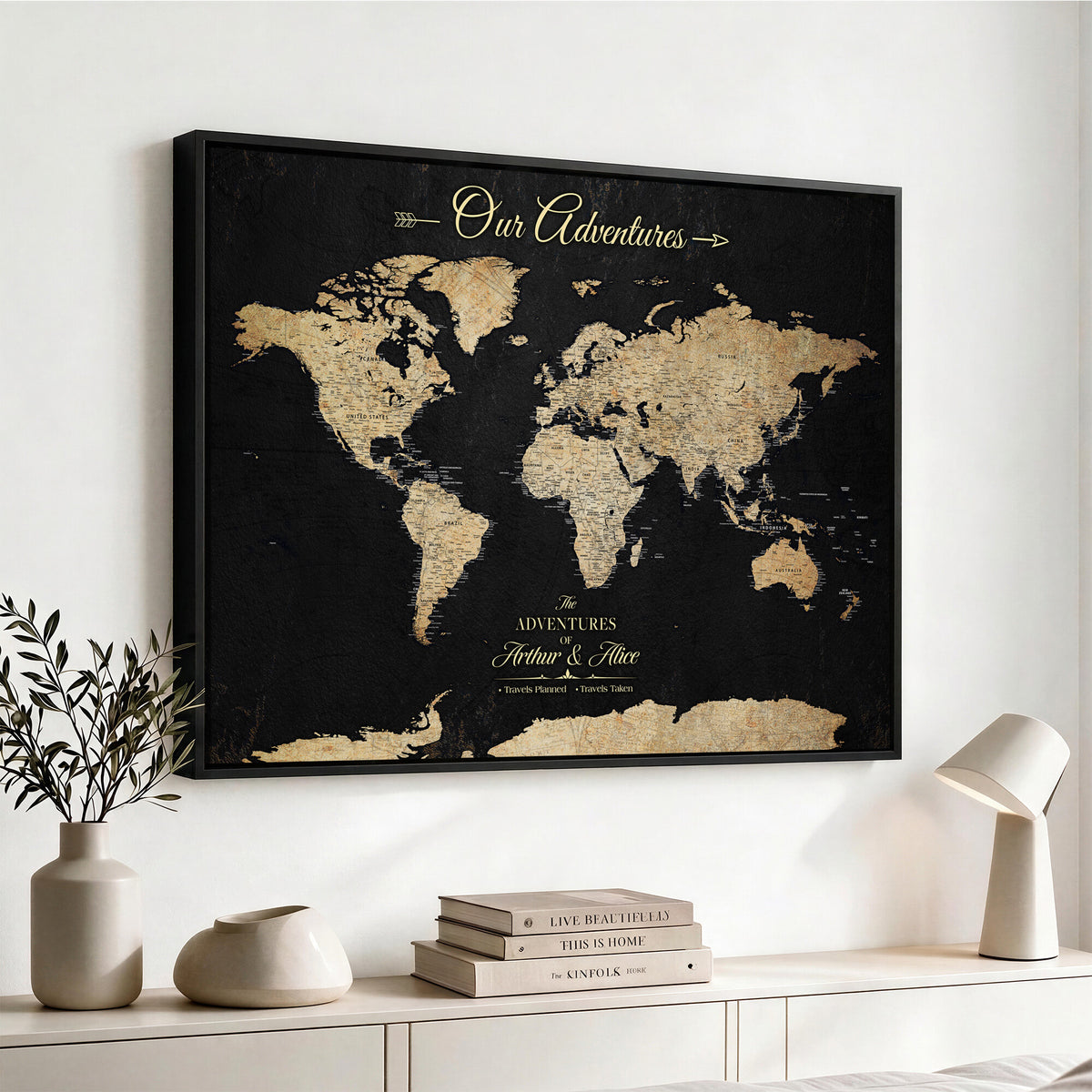 54638998-MGV-CV-36X24 - Custom Push Pin World Map Wall Art Canvas Print | Personalized Travel Tracker with Pins Framed Large for Home and Office Decor