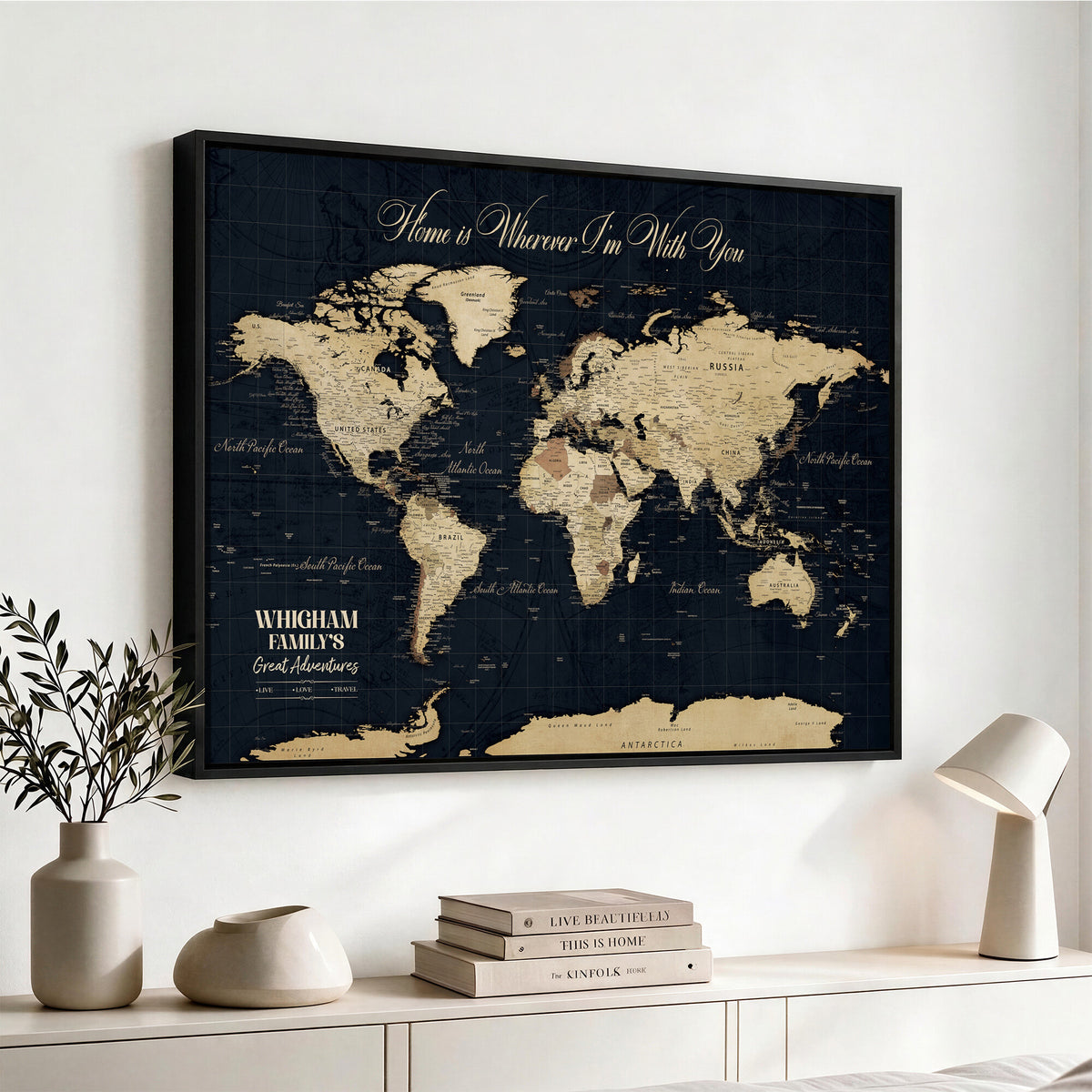 86888698-MGV-CV-36X24 - Custom Push Pin World Map Wall Art Canvas Print | Personalized Travel Tracker with Pins Framed Large for Home and Office Decor