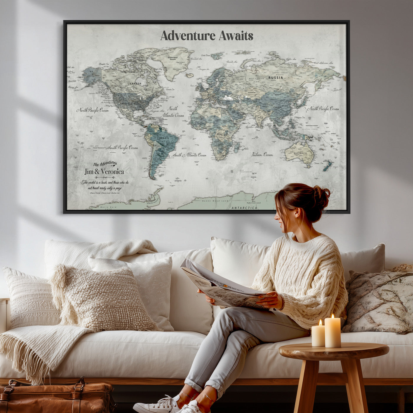 11945570-MGV-CV-36X24 - Custom Push Pin World Map Wall Art Canvas Print – Personalized Travel Tracker with Pins Framed Large for Home and Office Decor
