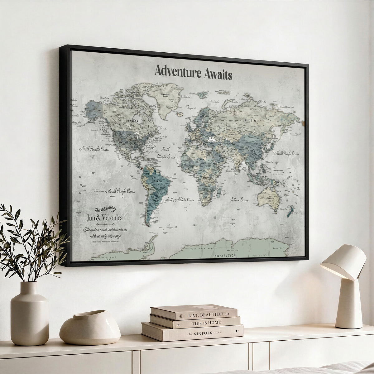 11945570-MGV-CV-36X24 - Custom Push Pin World Map Wall Art Canvas Print | Personalized Travel Tracker with Pins Framed Large for Home and Office Decor