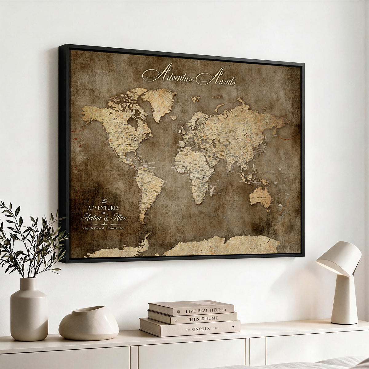 61836190-MGV-CV-36X24 - Custom Push Pin World Map Wall Art Canvas Print | Personalized Travel Tracker with Pins Framed Large for Home and Office Decor