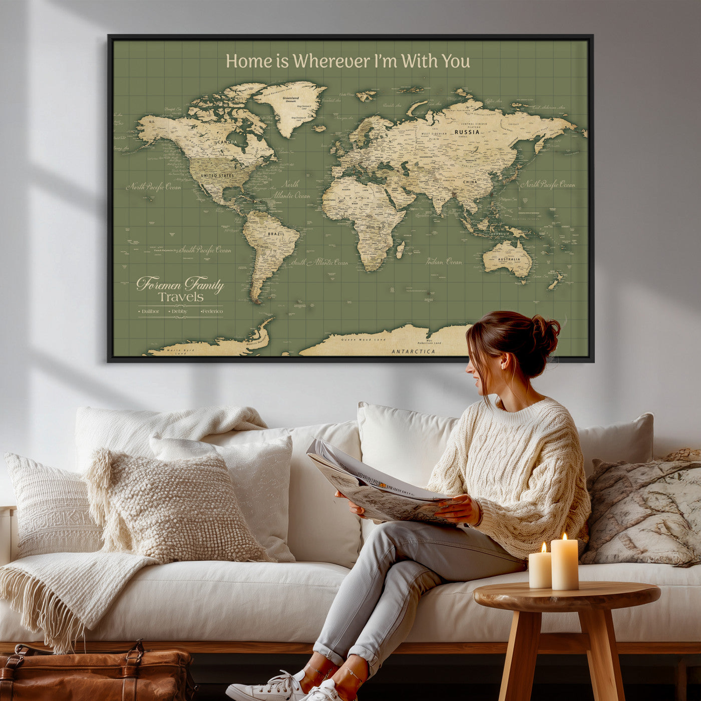 88521244-MGV-CV-36X24 - Custom Push Pin World Map Wall Art Canvas Print – Personalized Travel Tracker with Pins Framed Large for Home and Office Decor