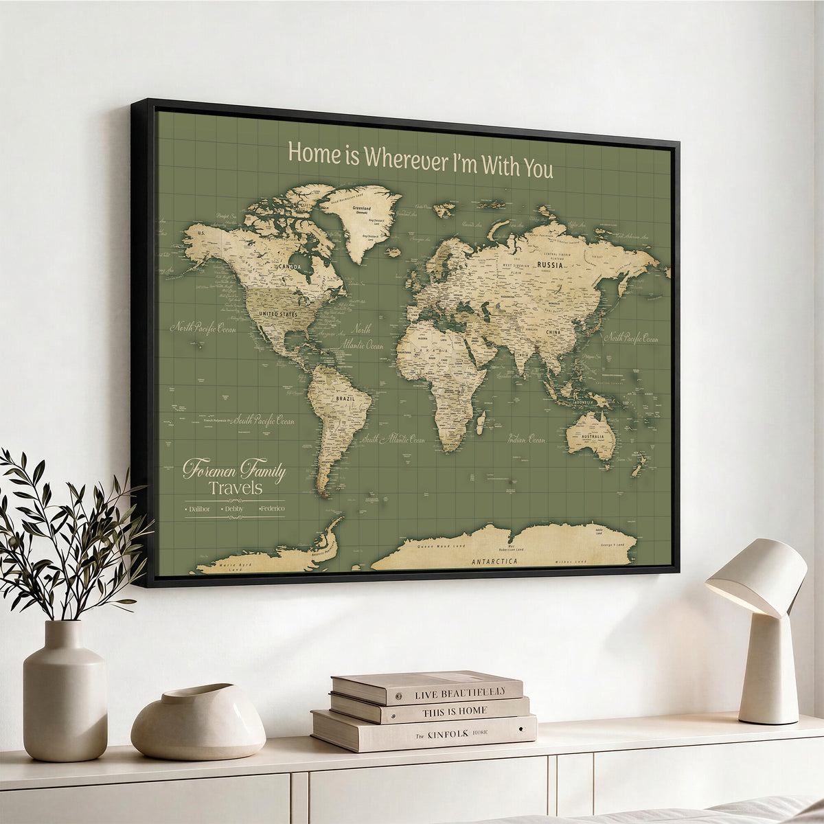 88521244-MGV-CV-36X24 - Custom Push Pin World Map Wall Art Canvas Print | Personalized Travel Tracker with Pins Framed Large for Home and Office Decor