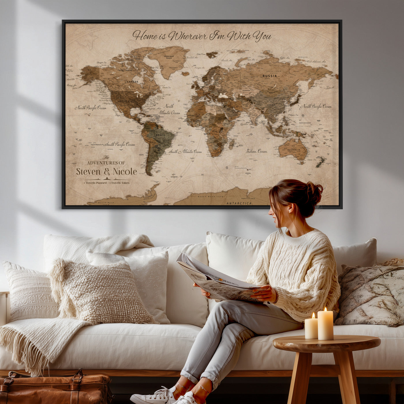 67360040-MGV-CV-36X24 - Custom Push Pin World Map Wall Art Canvas Print – Personalized Travel Tracker with Pins Framed Large for Home and Office Decor