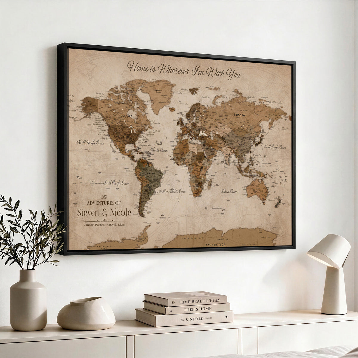 67360040-MGV-CV-36X24 - Personalized Framed Navy Geometric World Map Canvas with Push Pins, Couples Countries Visited Map, Living Room and Hallway Decor