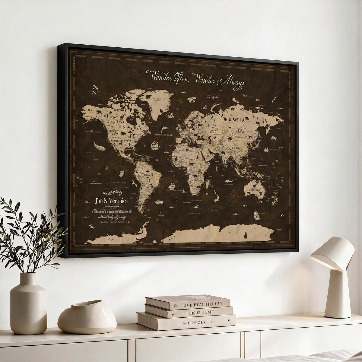 20091587-MGV-CV-36X24 - Custom Push Pin World Map Wall Art Canvas Print | Personalized Travel Tracker with Pins Framed Large for Home and Office Decor