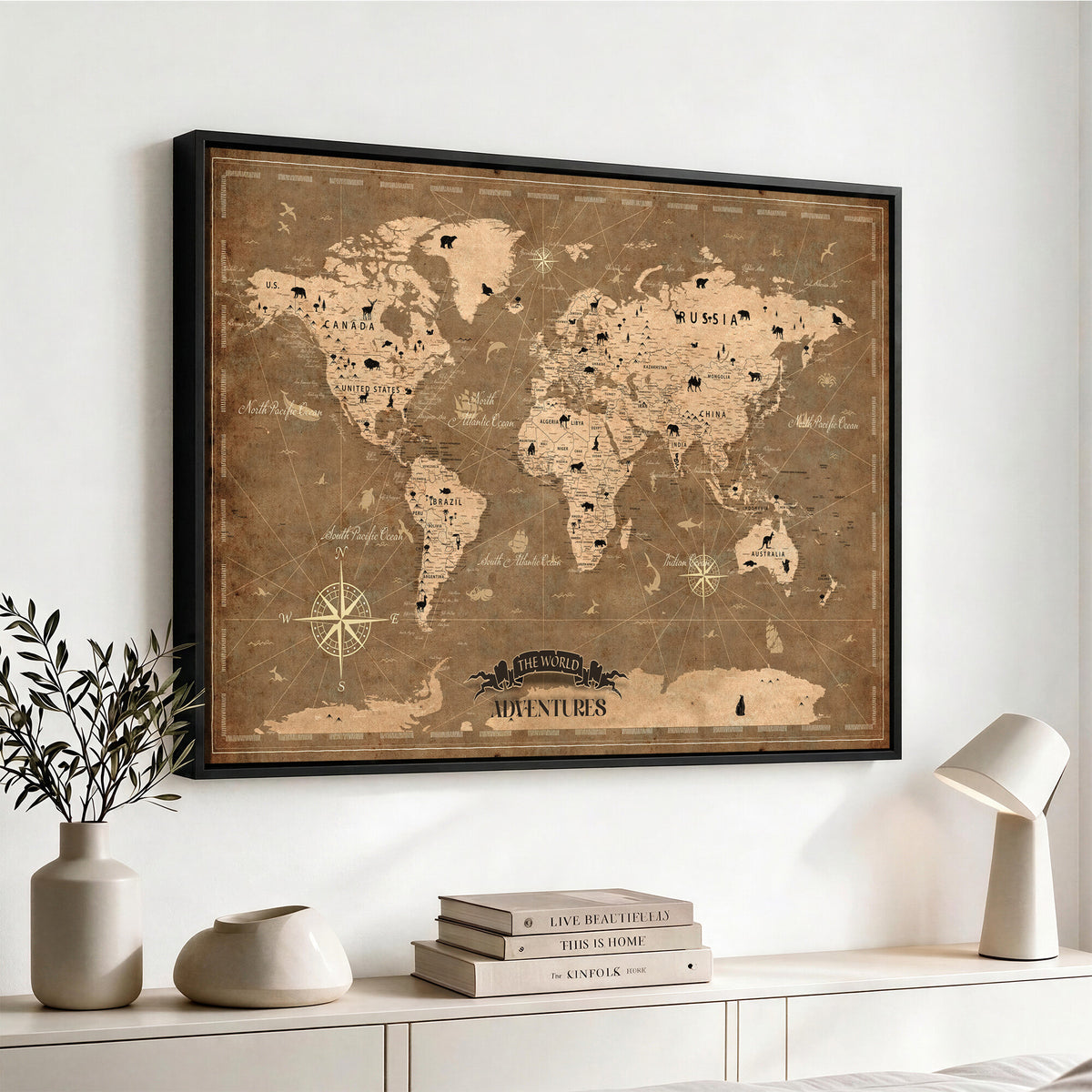 16235283-MGV-CV-36X24 - Custom World Travel Map Wall Art with Pins, Family Travel Tracker, Living Room and Bedroom Decor