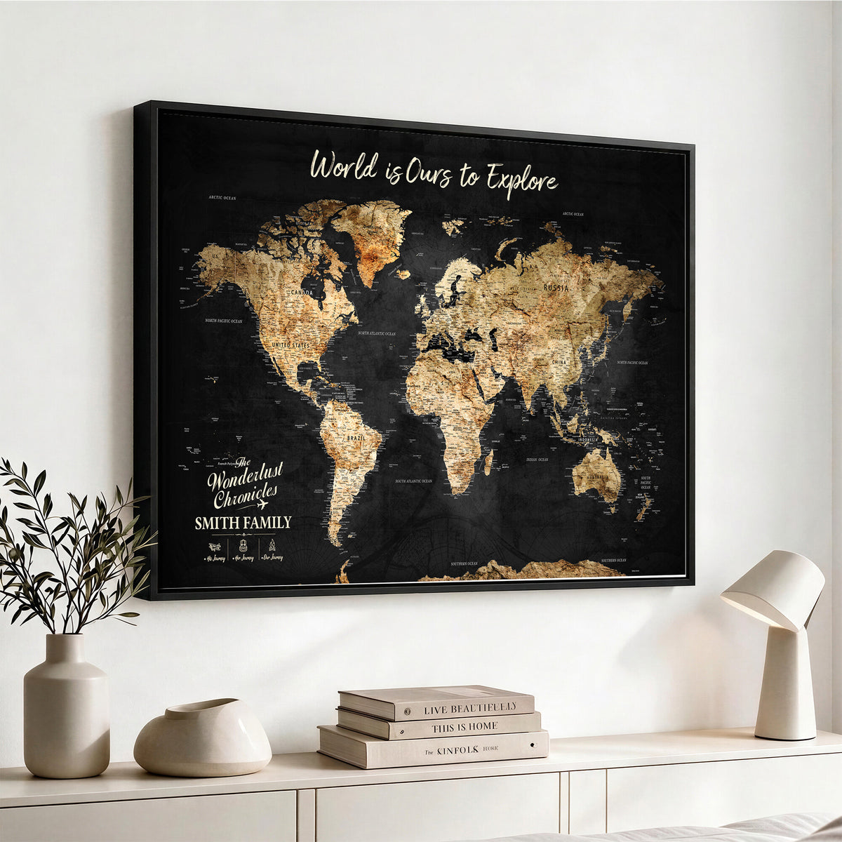 73732636-MGV-CV-36X24 - Custom Push Pin World Map Wall Art Canvas Print – Personalized Travel Tracker with Pins Framed Large for Home and Office Decor