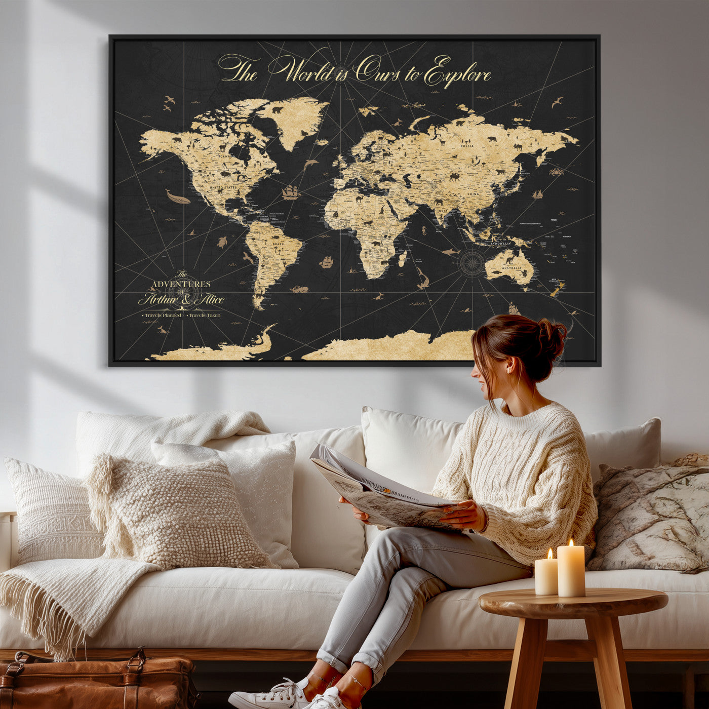 54097664-MGV-CV-36X24 - Custom Push Pin World Map Wall Art Canvas Print – Personalized Travel Tracker with Pins Framed Large for Home and Office Decor