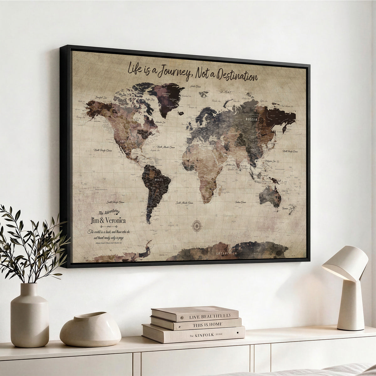 58257942-MGV-CV-36X24 - Custom Push Pin World Map Wall Art Canvas Print | Personalized Travel Tracker with Pins Framed Large for Home and Office Decor
