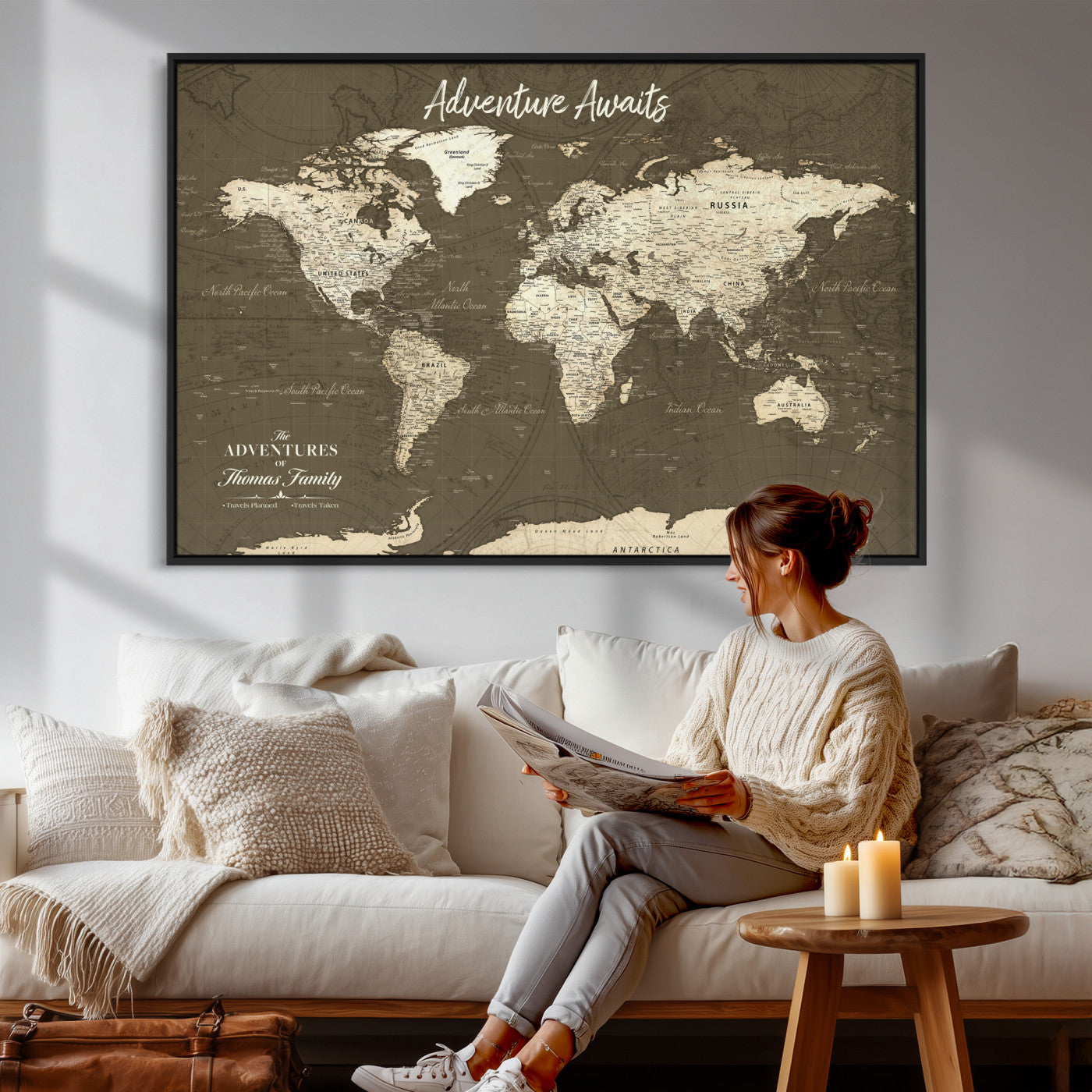 27762875-MGV-CV-36X24 - Custom Push Pin World Map Wall Art Canvas Print – Personalized Travel Tracker with Pins Framed Large for Home and Office Decor