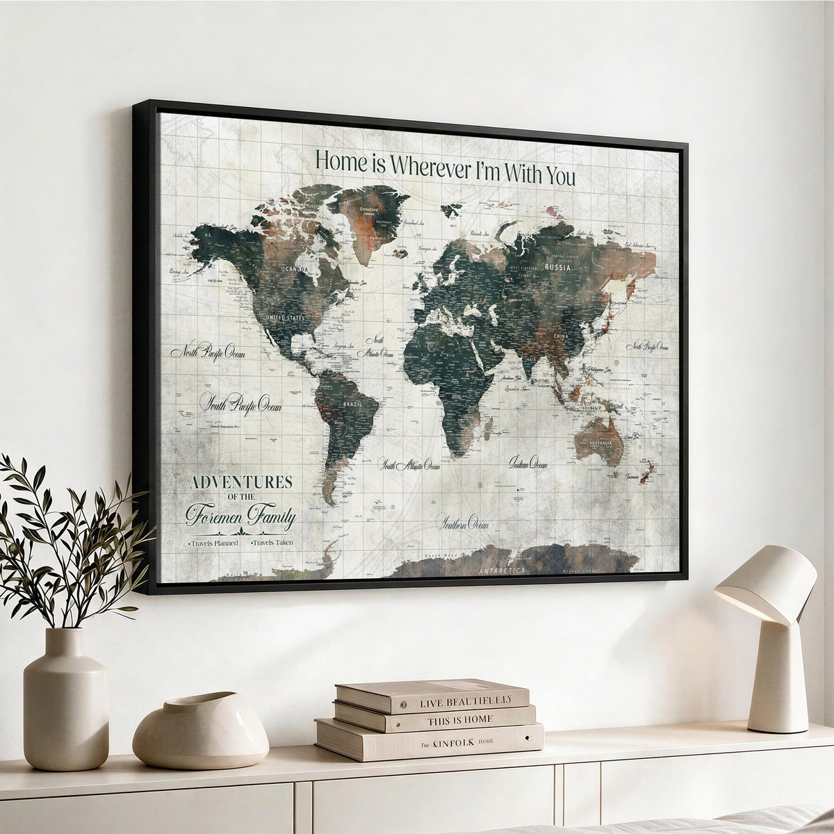 98050124-MGV-CV-36X24 - Personalized Beige Modern Push Pin Travel Map Canvas Print, Couples Countries Visited Map, Dining Room and Bedroom Decor