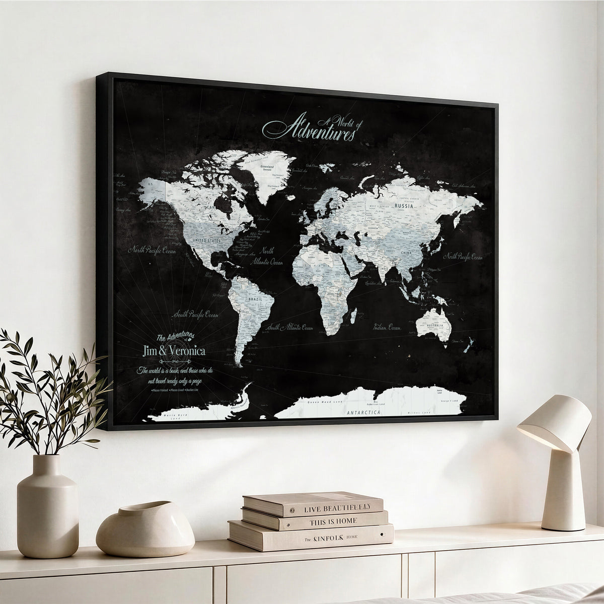 67491071-MGV-CV-36X24 - Custom Beige World Travel Map Wall Art with Pins, Places Visited Tracker, Bedroom and Home Office Decor