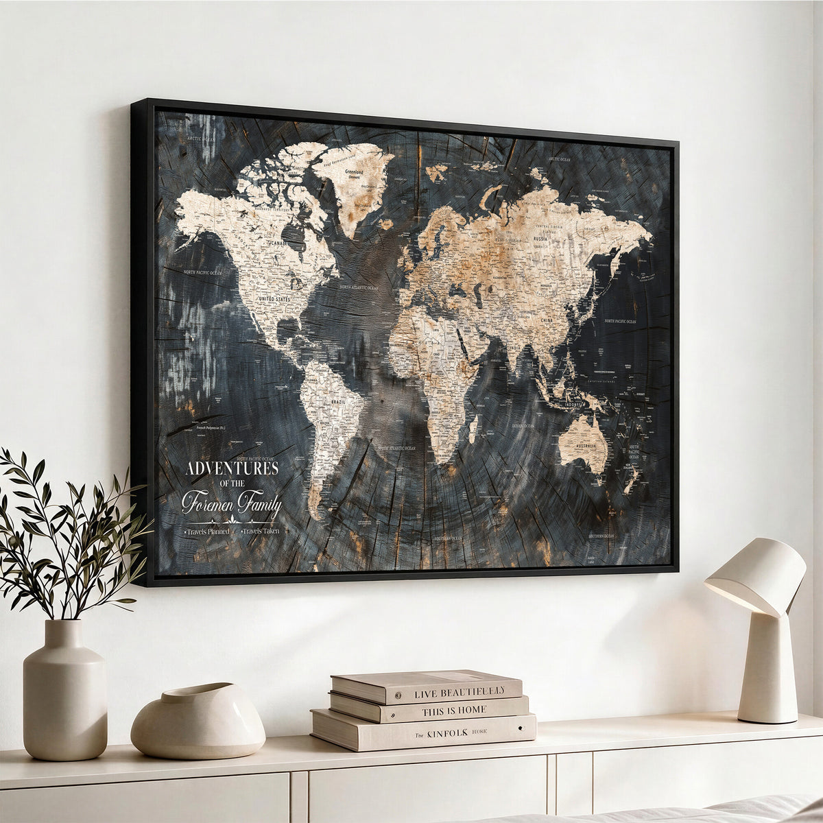 77865338-MGV-CV-36X24 - Personalized Framed Beige Push Pin World Map Canvas Print, Bucket List Map, Living Room and Hallway Decor
