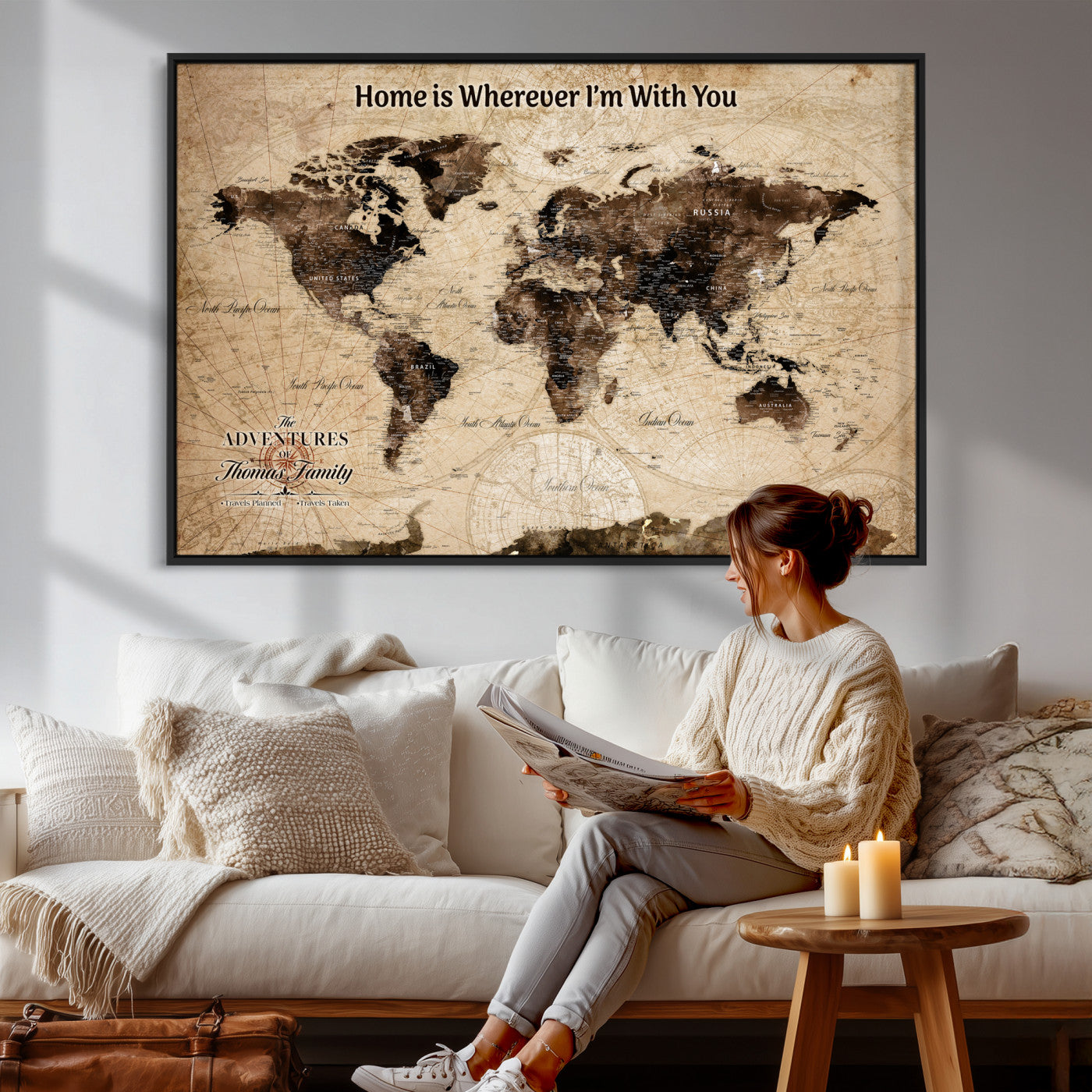 74771891-MGV-CV-36X24 - Custom Push Pin World Map Wall Art Canvas Print – Personalized Travel Tracker with Pins Framed Large for Home and Office Decor
