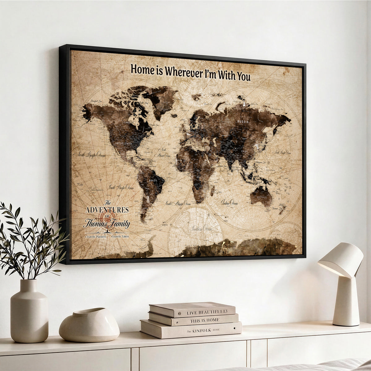 74771891-MGV-CV-36X24 - Personalized Framed Beige Modern World Travel Map Wall Art with Pins, Family Adventure Map, Living Room and Hallway Decor