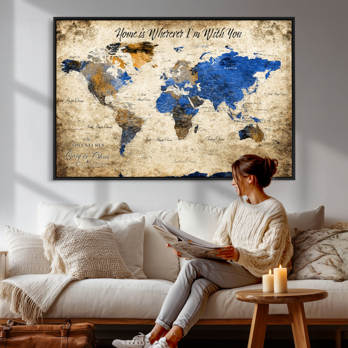 13332533-MGV-CV-36X24 - Custom Push Pin World Map Wall Art Canvas Print – Personalized Travel Tracker with Pins Framed Large for Home and Office Decor