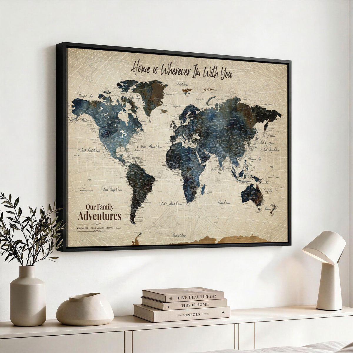51383535-MGV-CV-36X24 - Personalized Framed Black Modern Push Pin Travel Map Canvas Print, Family Travel Tracker, Home Office and Entryway Decor