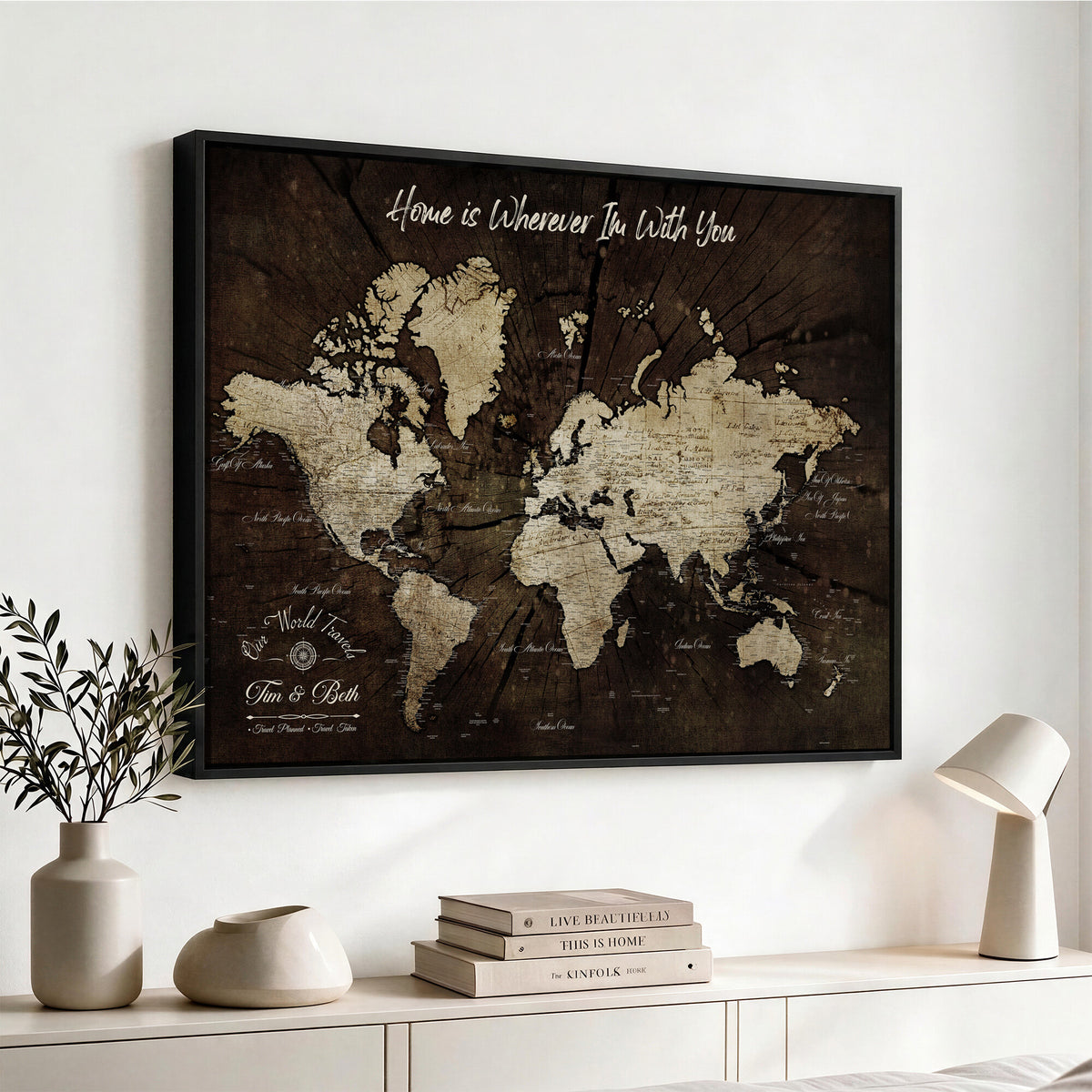 46573259-MGV-CV-36X24 - Personalized Watercolor Push Pin World Map Canvas Wall Art, Custom Framed Travel Map - NEWMAP-094