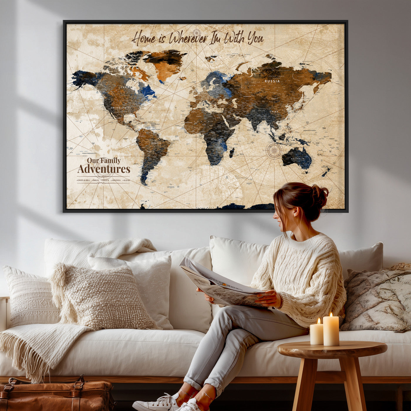 20227642-MGV-CV-36X24 - Custom Push Pin World Map Wall Art Canvas Print – Personalized Travel Tracker with Pins Framed Large for Home and Office Decor