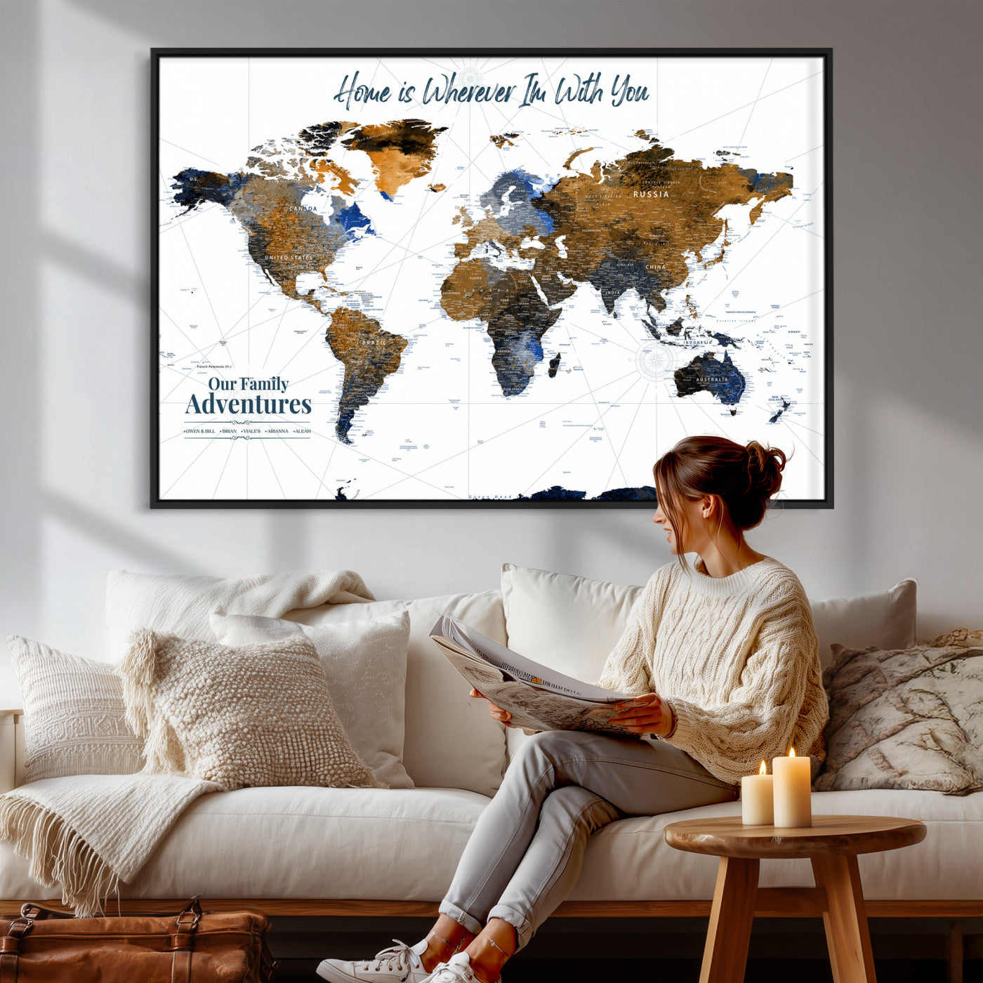 75259864-MGV-CV-36X24 - Custom Push Pin World Map Wall Art Canvas Print – Personalized Travel Tracker with Pins Framed Large for Home and Office Decor