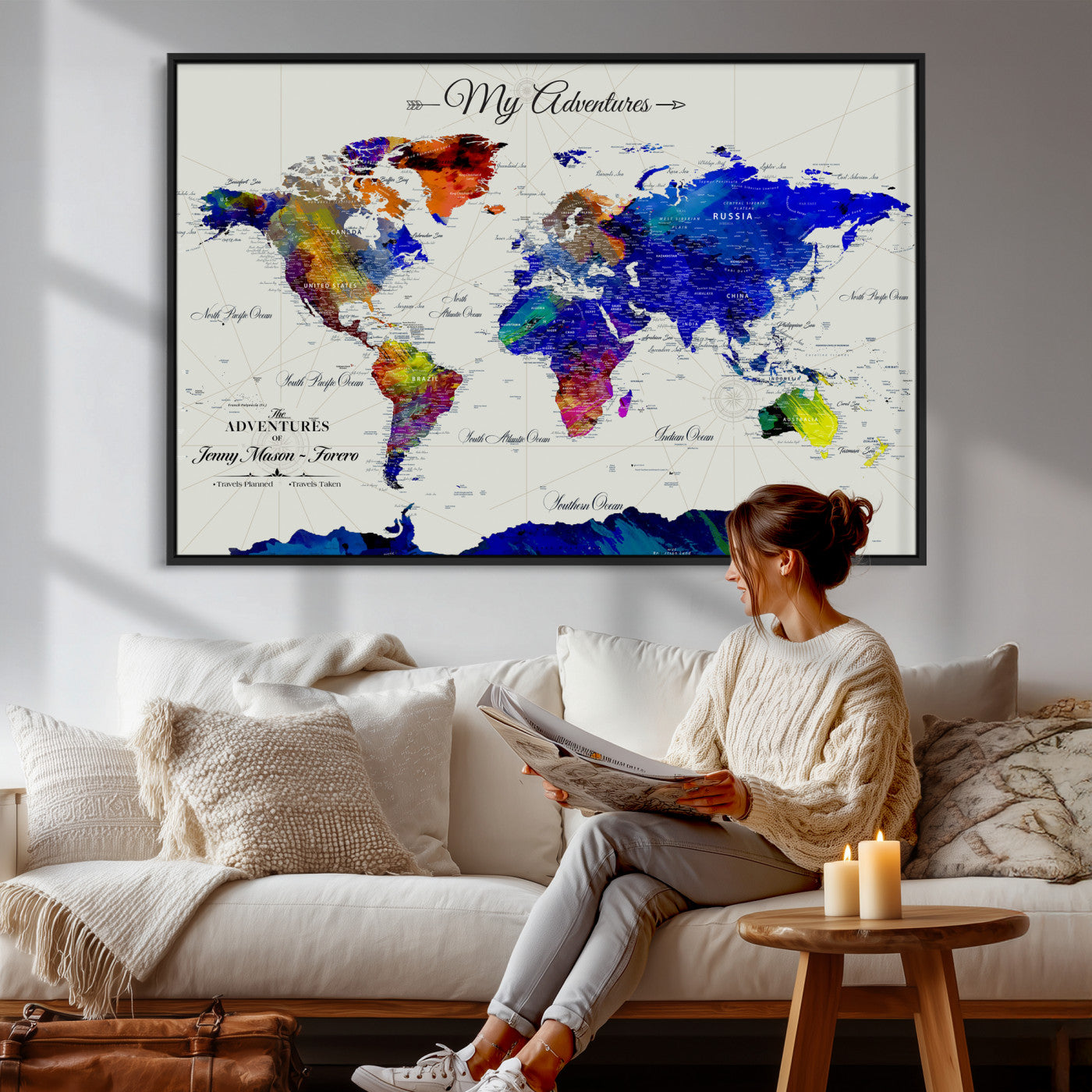 45423989-MGV-CV-36X24 - Custom Push Pin World Map Wall Art Canvas Print – Personalized Travel Tracker with Pins Framed Large for Home and Office Decor