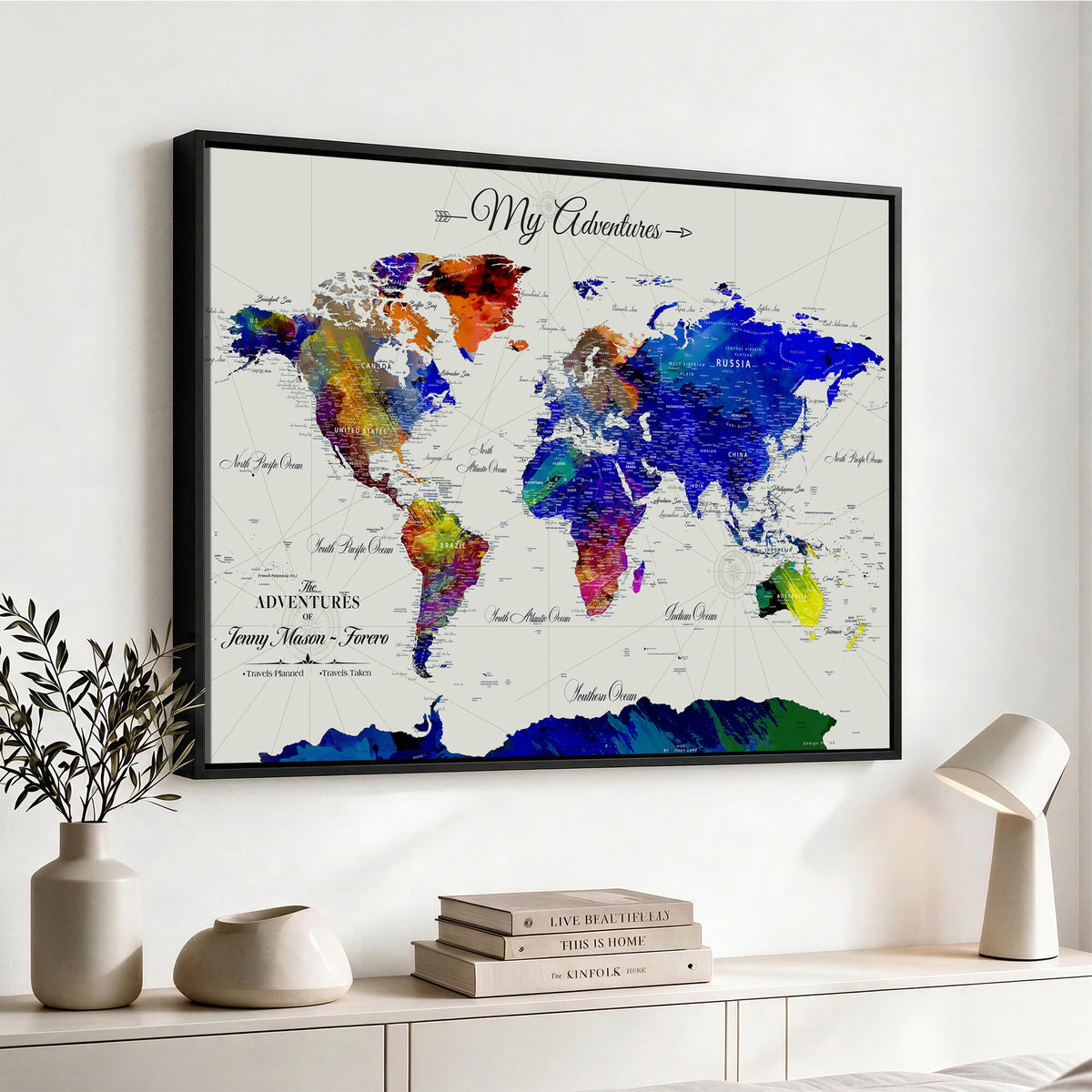 45423989-MGV-CV-36X24 - Detailed Custom Framed Beige Modern World Map Canvas with Push Pins, Honeymoon and Anniversary Gift, Dining Room and Home Office Decor